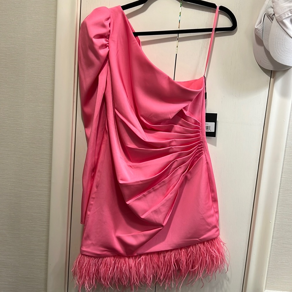 Feather Trim One-Shoulder Long Sleeve Minidress by Ieena for Mac Duggal in Pink